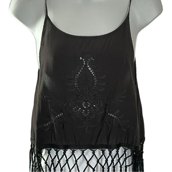 Solemio Black Cropped Tank Top Cami w/ Fringe and Embroidery Cut out Size Small - Picture 2 of 10